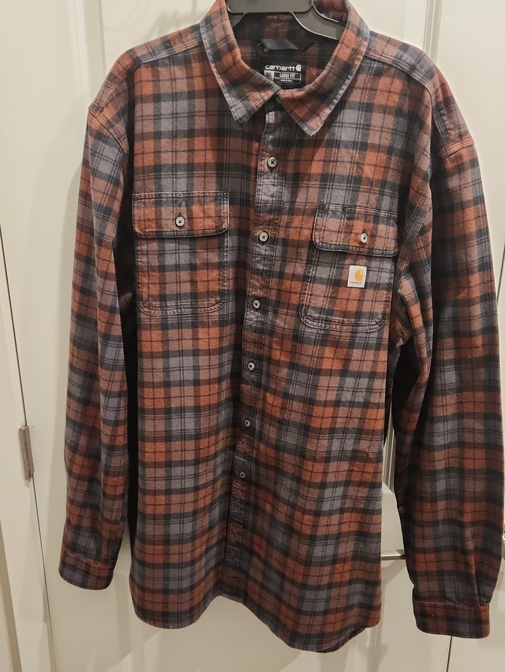 Carhartt Men’s Brown and Gray Plaid Button-Down Shirt
